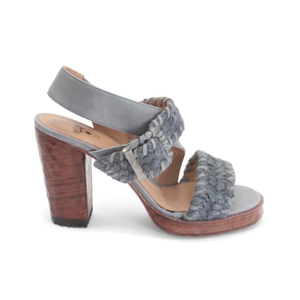 John Fluevog Gray Braided Leather Block Heel Sandals